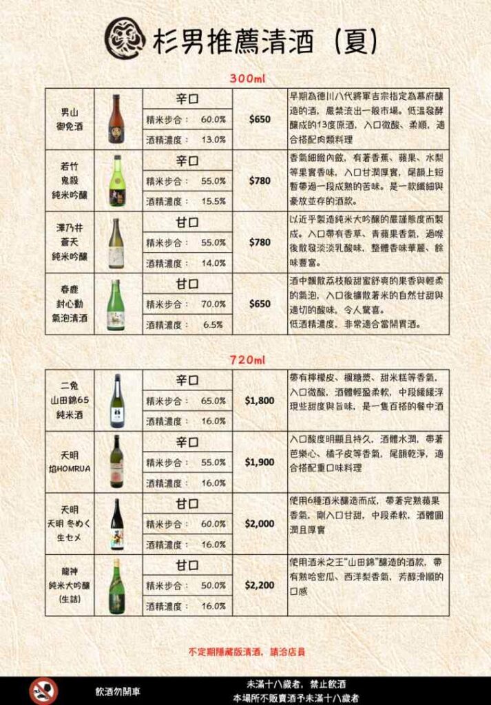 杉男推薦清酒 酒單 SAKE menu