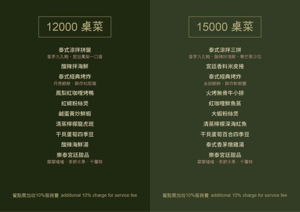 樂泰泰式料理 LoveThai 泰式餐廳 菜單 Menu（12000~15000 桌菜套餐）